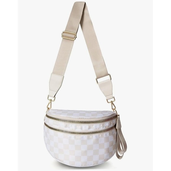 Beige Checkered Crossbody Bag Nylon Gold Hardware Adjustable Wide Strap Bum... - Picture 2 of 13